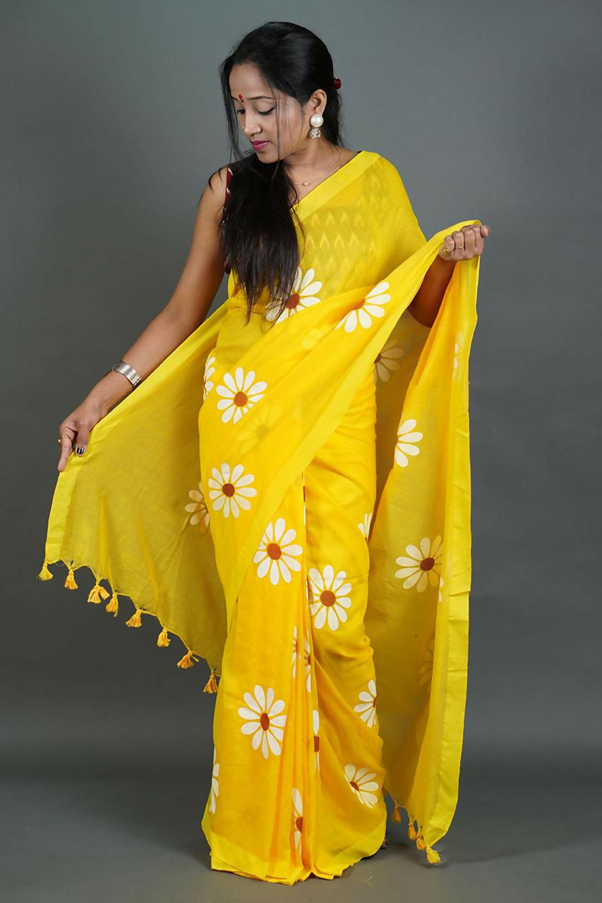 Exclusive Collection Yellow Pure Cotton Grab2Buy With Sunflower Design 
