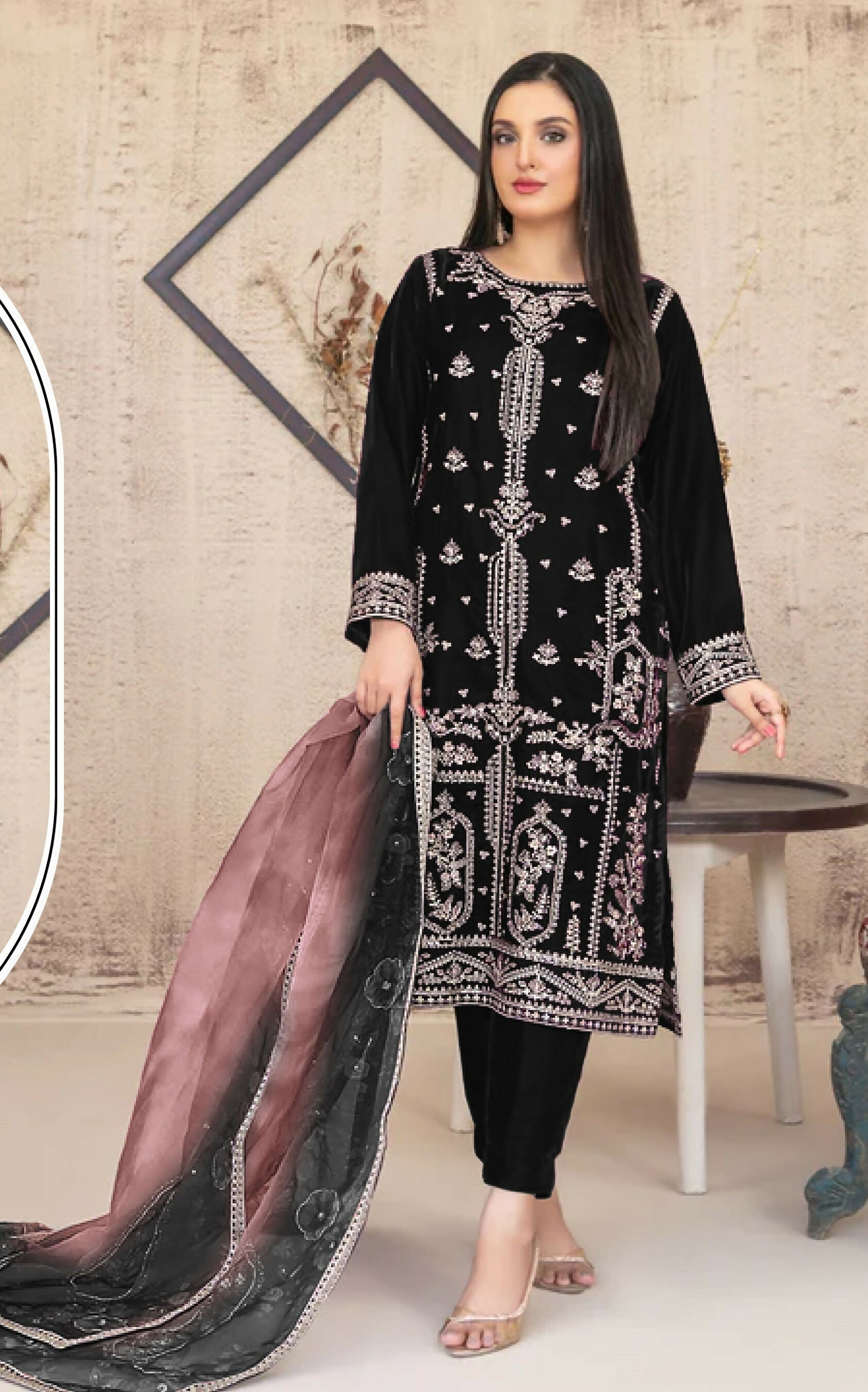 Anaita Black Velvet Suit with Embroidery Sequence Work 