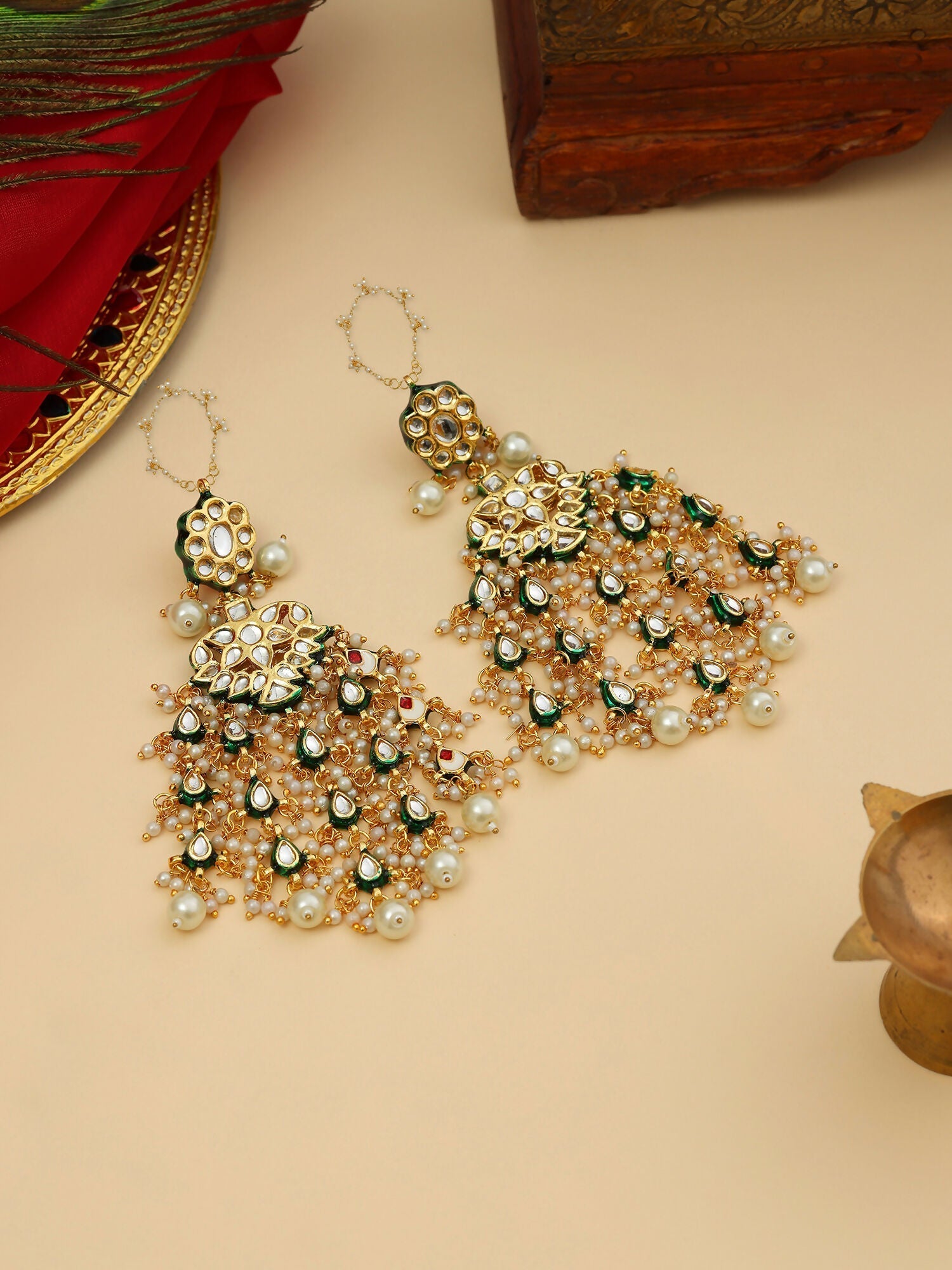 Ruby Raang 22k Gold Polished Kundan Chand Earrings With Ear Chains | Swadesiicart
