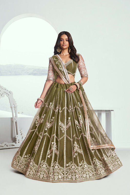 Eilara Adorable Olive Green Sequins Net Mehendi Wear Lehenga Choli