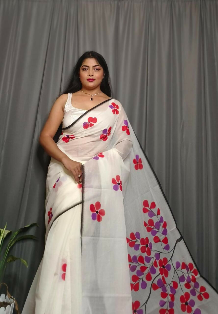 Exclusive Collection Beautiful White Red Pure Cotton Hand Print Handloom Grab2Buy With Running Blouse Piece 