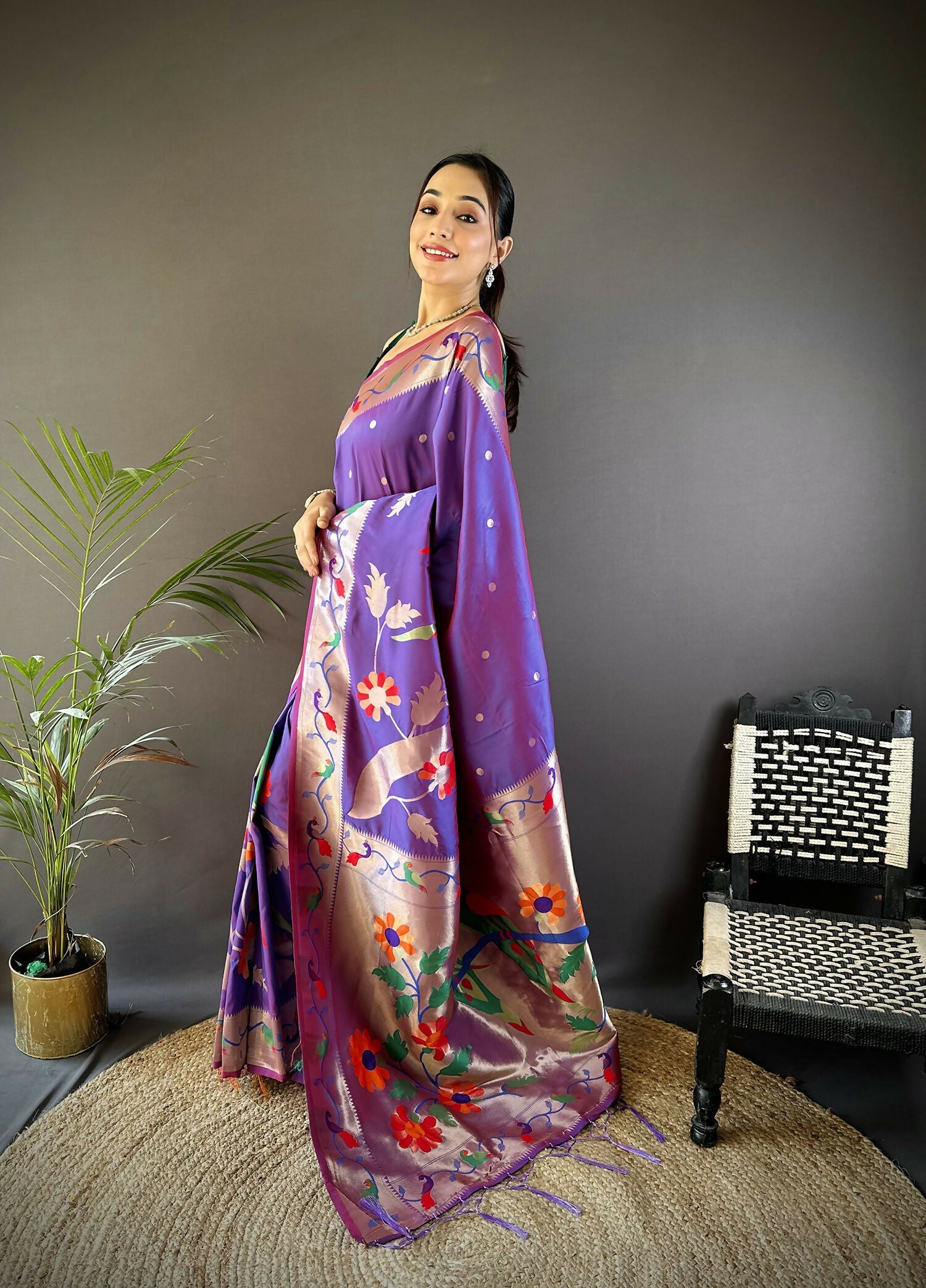 Joban Fashion Purple Zari Woven Floral Motifs Soft Silk Paithani Silk Saree