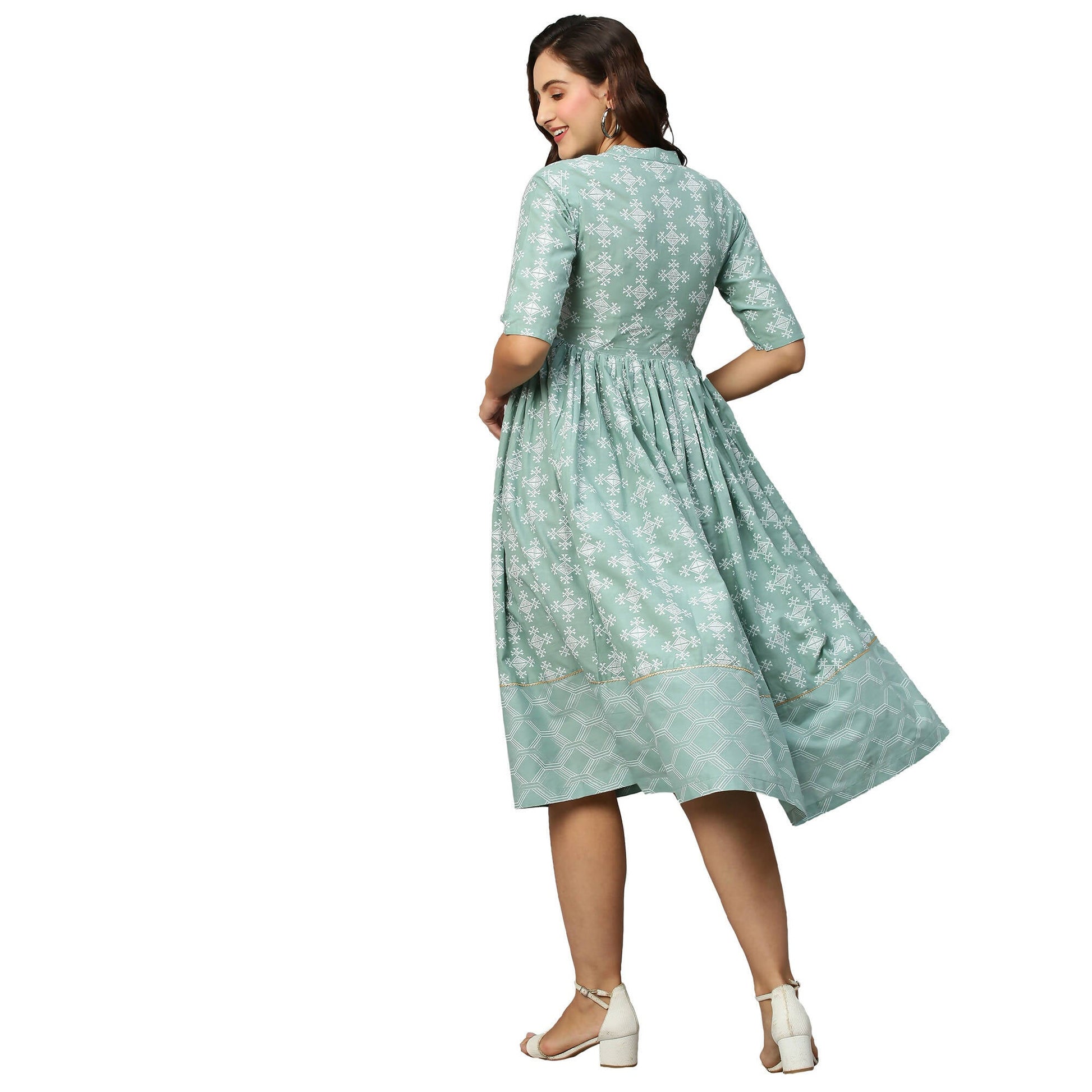 Green & Off-White Ethnic Motifs Printed Cotton A-Line Dress - Poonam