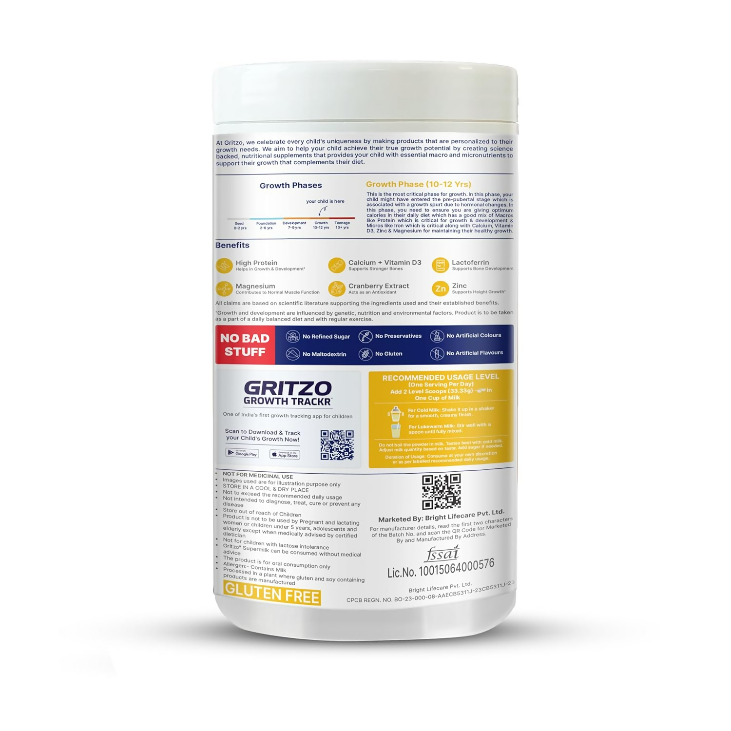 Gritzo SuperMilk Growth+ (Formerly Height+) Unsweetened Drink Mix (10-12y Girls) 12g Protein Powder - Creamy Vanilla