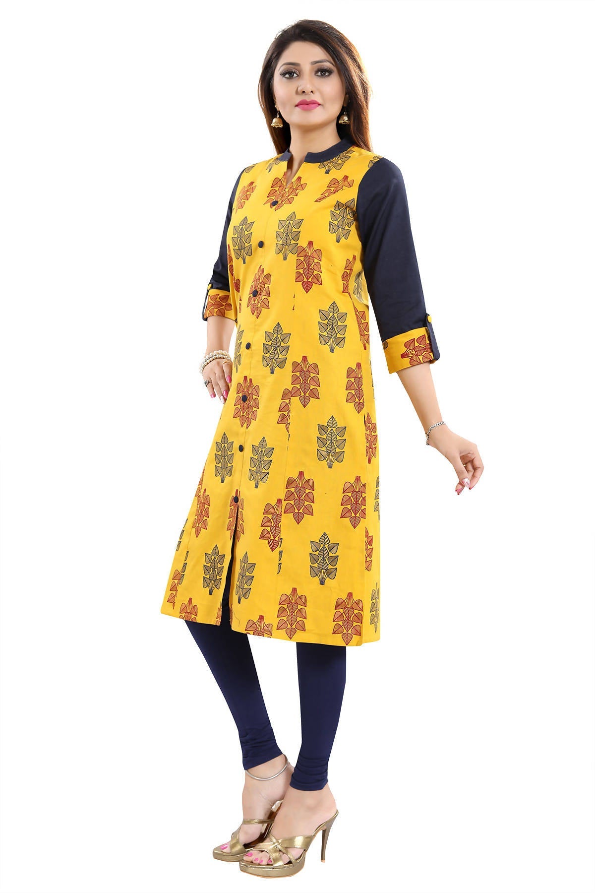 Snehal Creations Luscious Lemon Yellow Shirt Style Cotton Printed Tunic