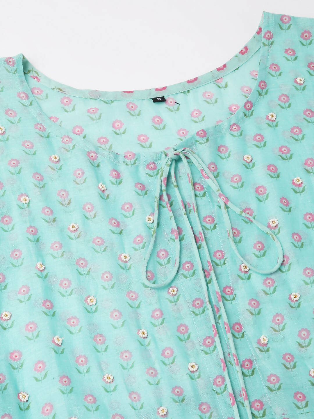 Sea Green Cotton Solid Flared Dress with Printed Shrug - Yukti