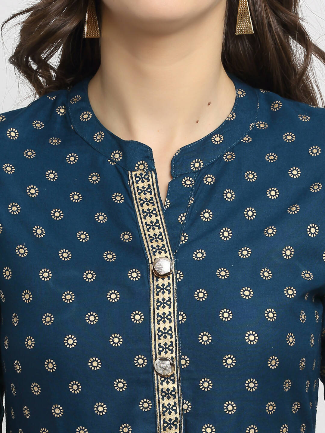 Rudra Bazaar A-Line Gold Floral Printed Turquoise Blue Kurti