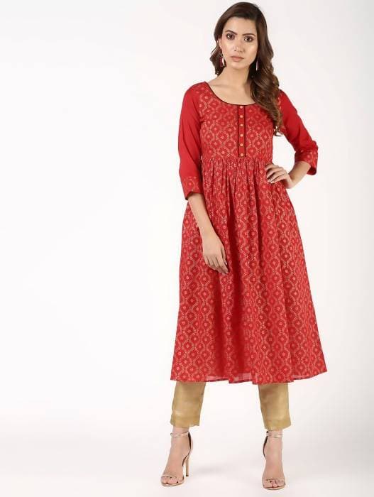 Aniyah Cotton Block Print Flared Kurta In Red (AN-151K) | Grab2Buy
