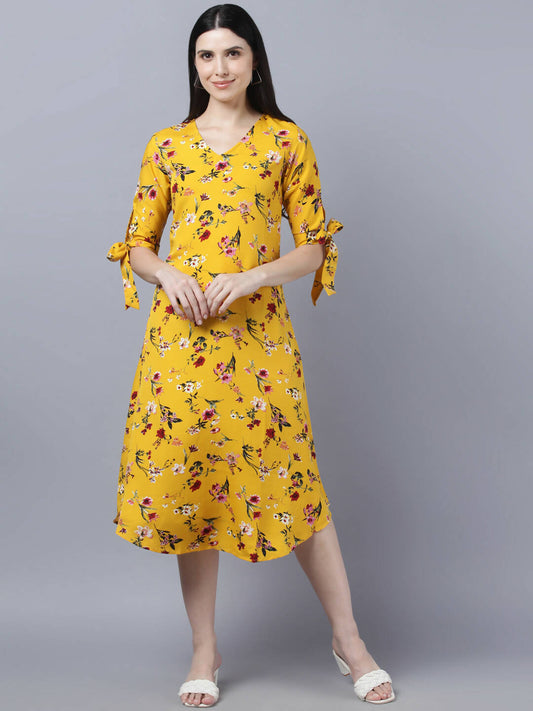 Myshka Women Yellow Floral Printed Flared Sleeves Thread Work Crepe Kurta