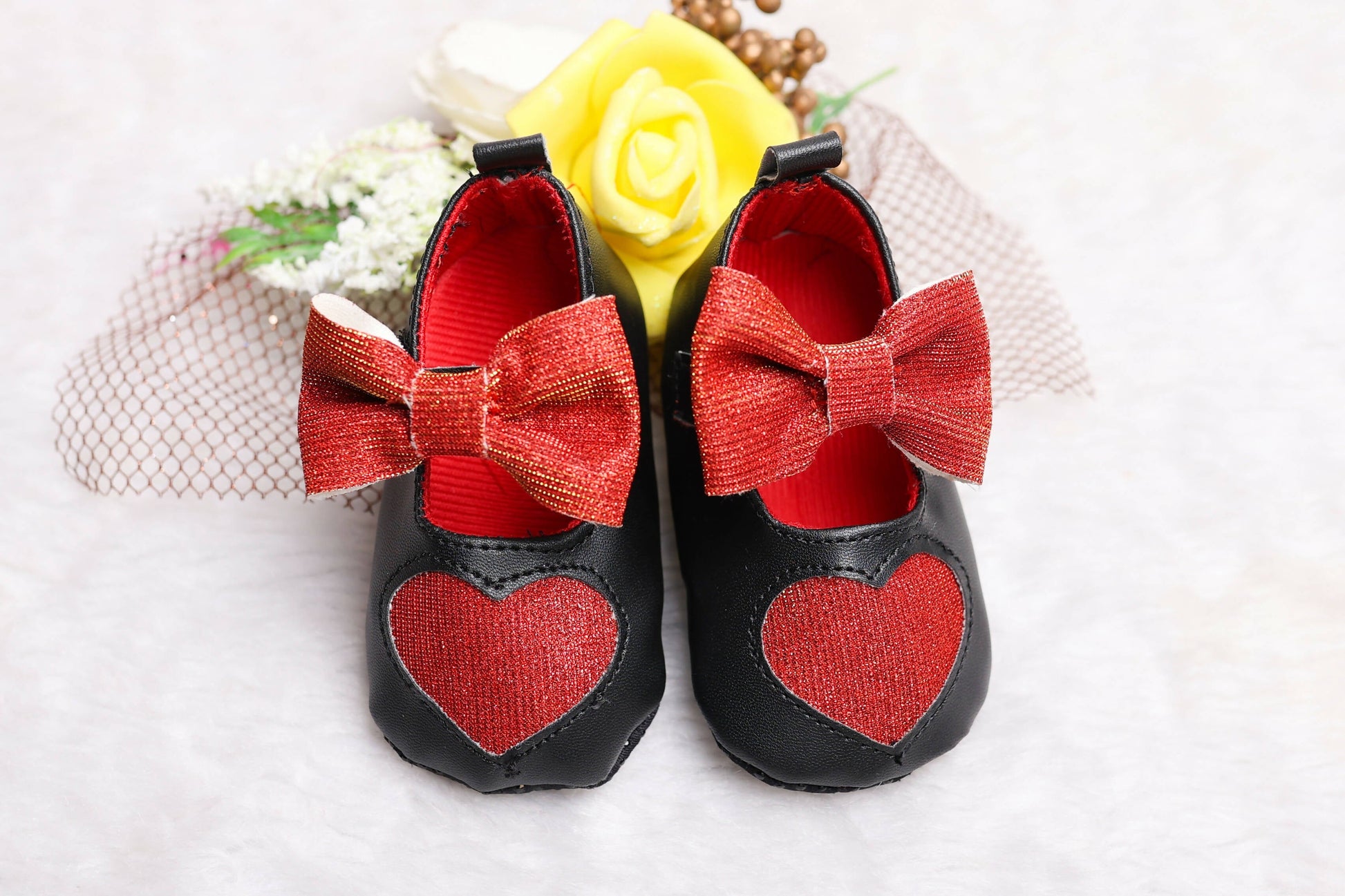 Tiny Bugs Girls Heart Bow Detailing Booties - Black & Red  Grab2Buy Tiny Bugs Grab2Buy