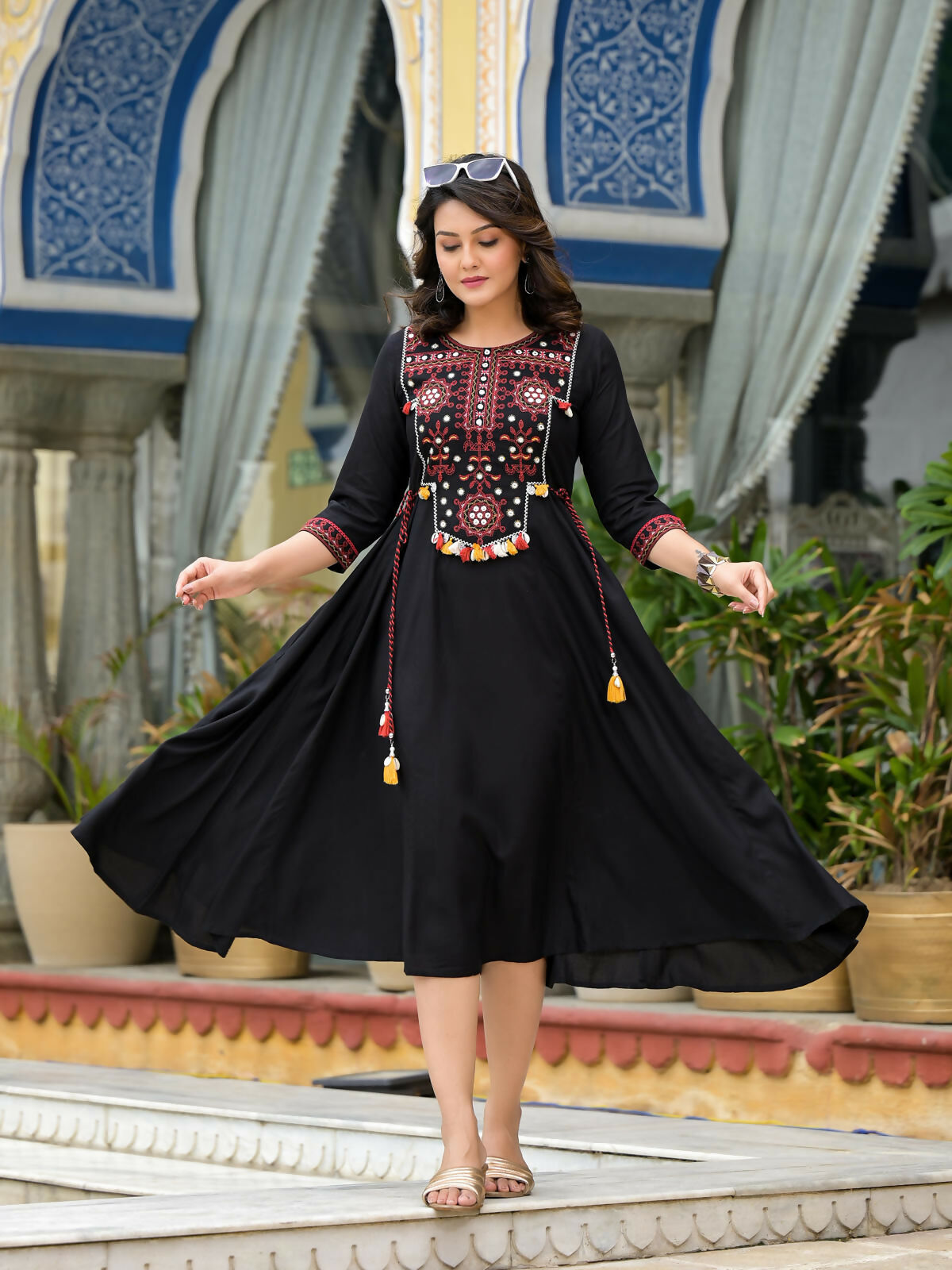 Juniper Women's Black Thread Embroidered Liva Rayon A-Line Dress With Tassel Kaudis & Doris At Waist