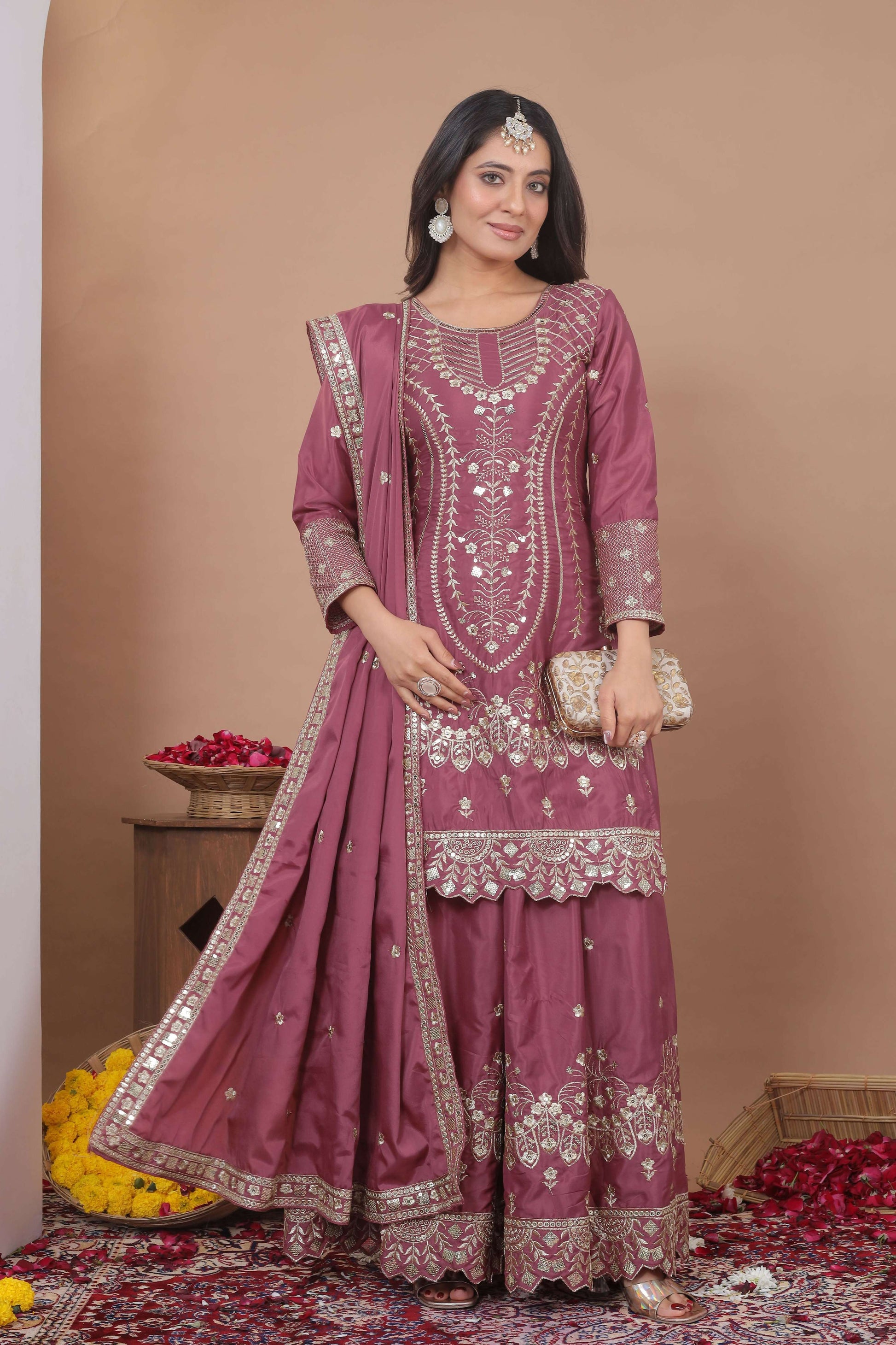 Lehenga Mart Designer Sharara Suit With Kurta, Sharara, Dupatta For Women-Mauve