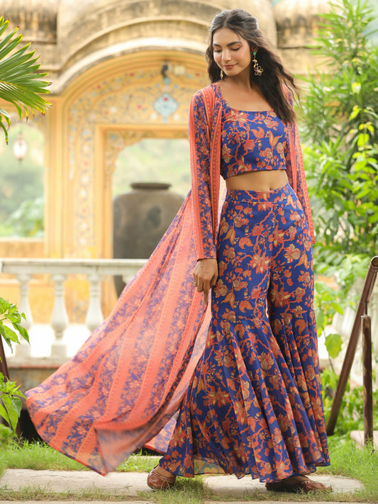 Janasya Navy Blue Georgette Floral Top,Bottom & Jacket 