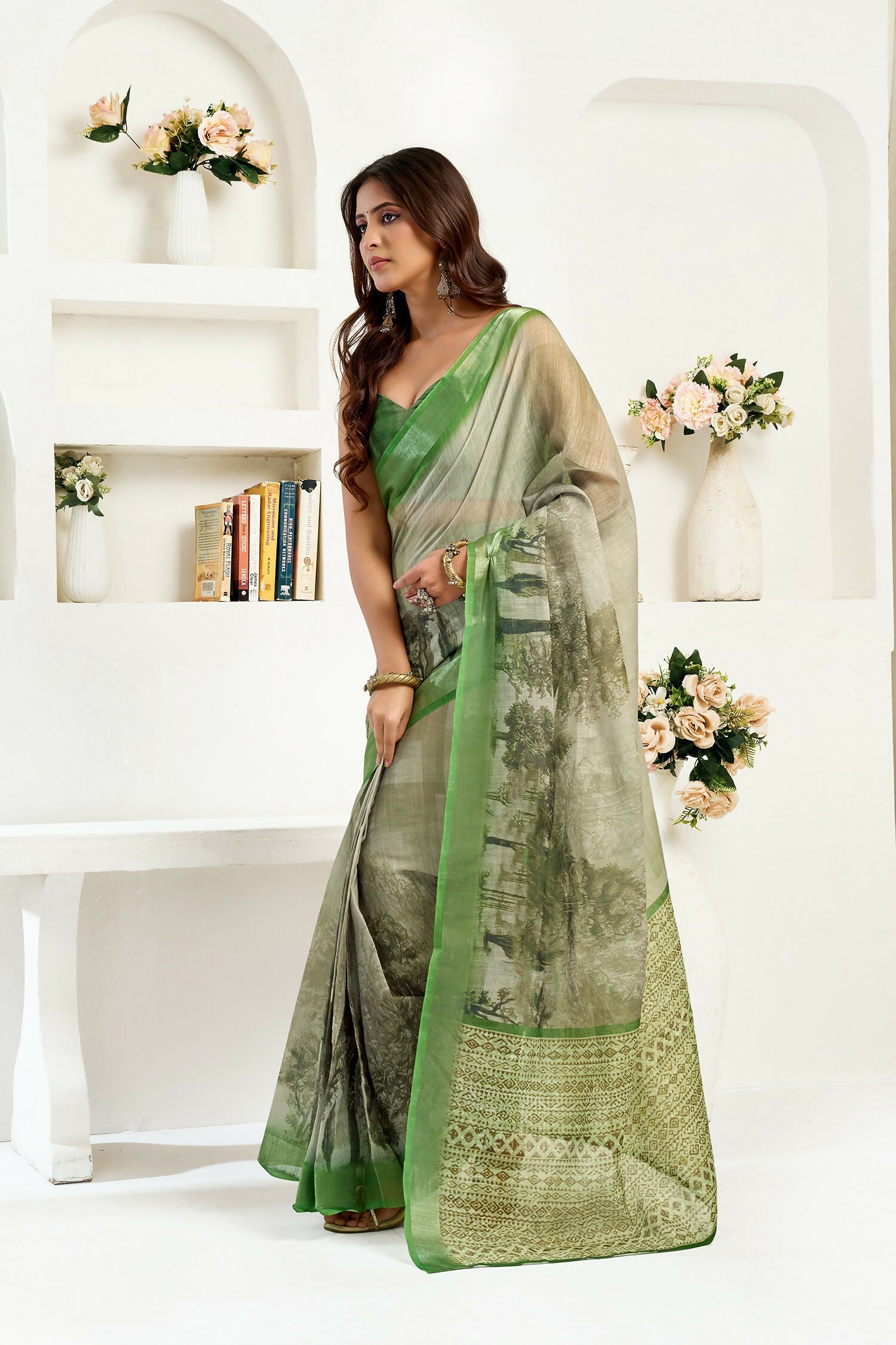 Joban Fashion Green Floral & Ethnic Motifs Linen Ready To Wear Saree With Unstitched Blouse