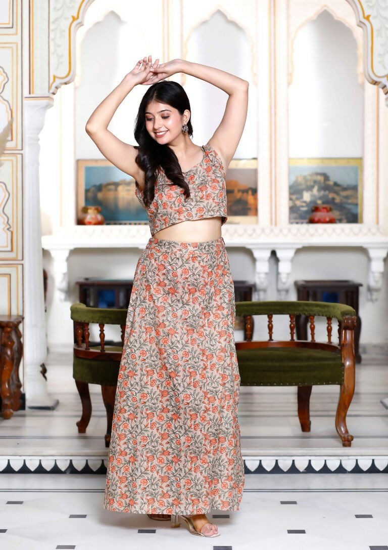 Miravan Women's Brown Floral Printed Crop Top And Skirt Co-Ord Set 