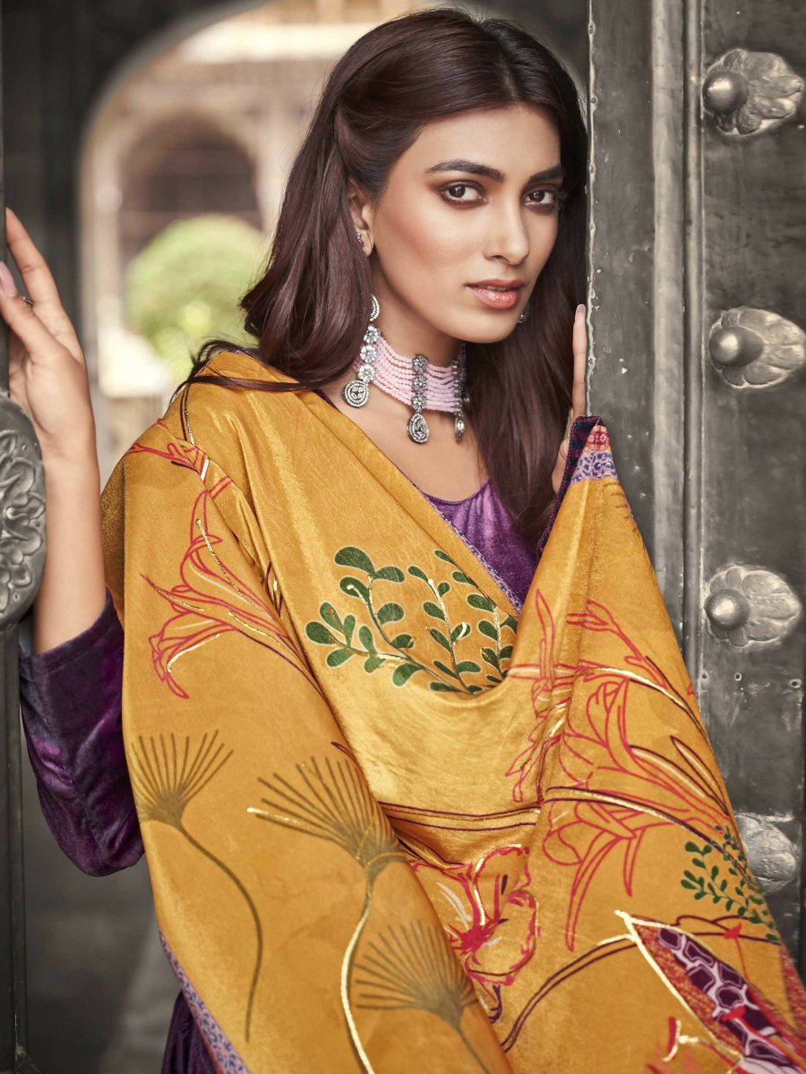 Aastha Fashion Women's Purple Velvet Floral Digital Printed Kurta with Trouser & Dupatta - Grab2buy