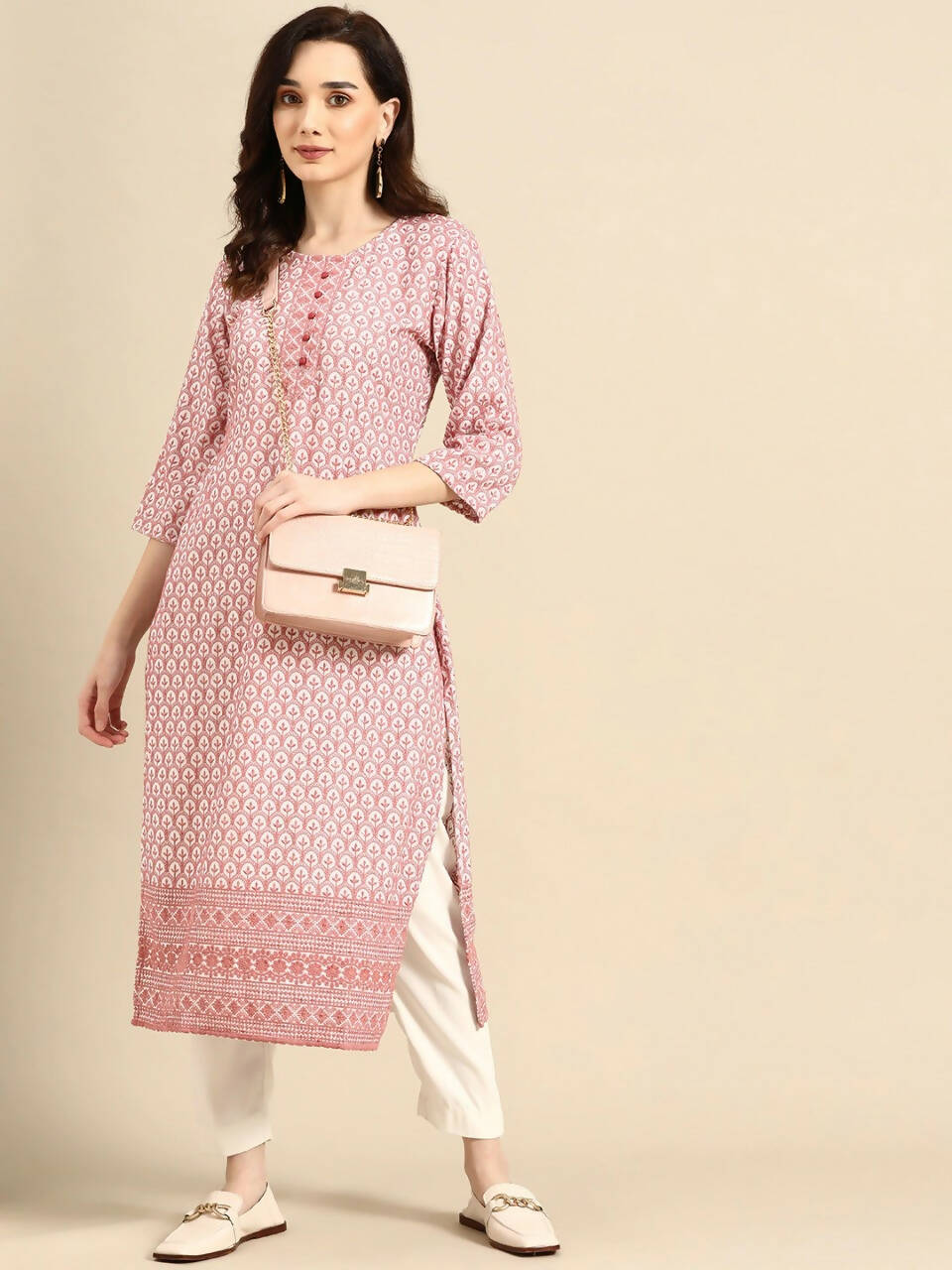 Deeps women's Pink Embroidered Rayon Kurta