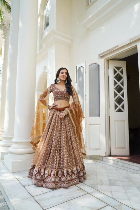 Aastha Fashion Brown Butterfly Net White Cotton Thread Work And Sequence Work Embroidery Wedding Wear Lehenga Choli