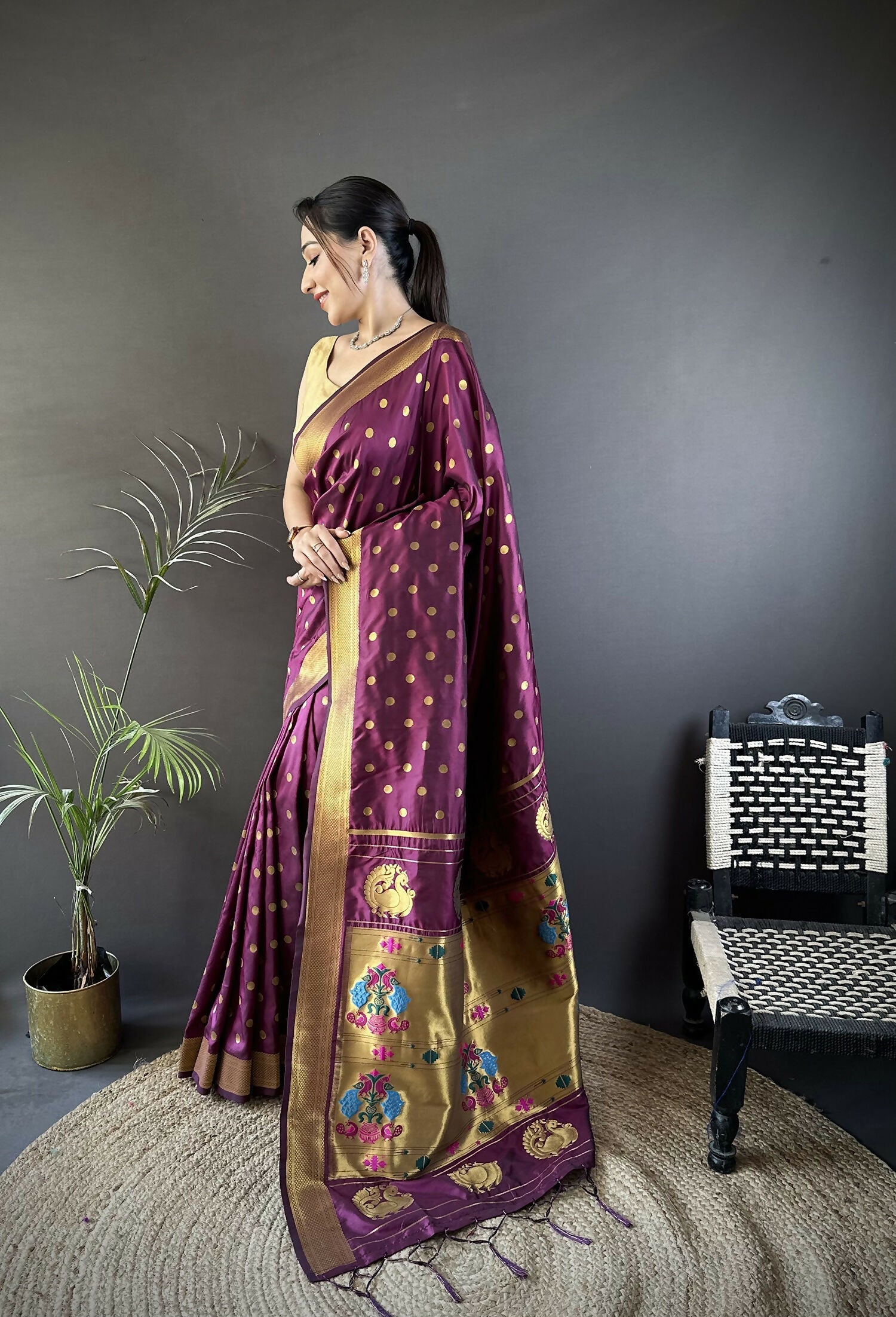 Joban Fashion Wine Polka Dot Lichi Silk Paithani Silk Saree