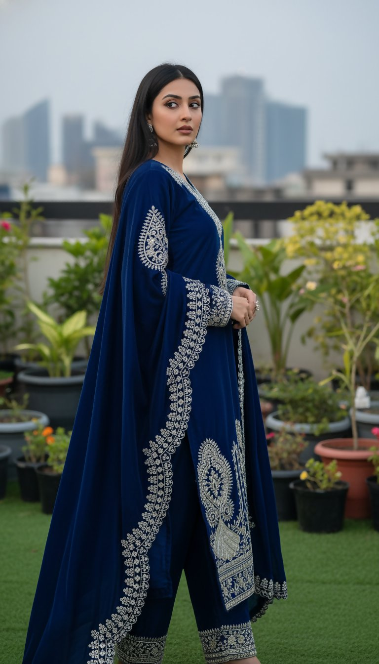 Teeya Creation Blue Color Velvet Designer Embroidery Work party Wear Suit