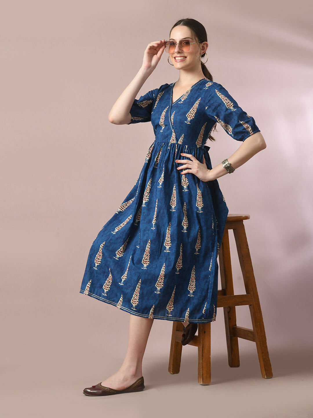 Myshka Women's Blue Printed Cotton V-Neck Empire Party Dress