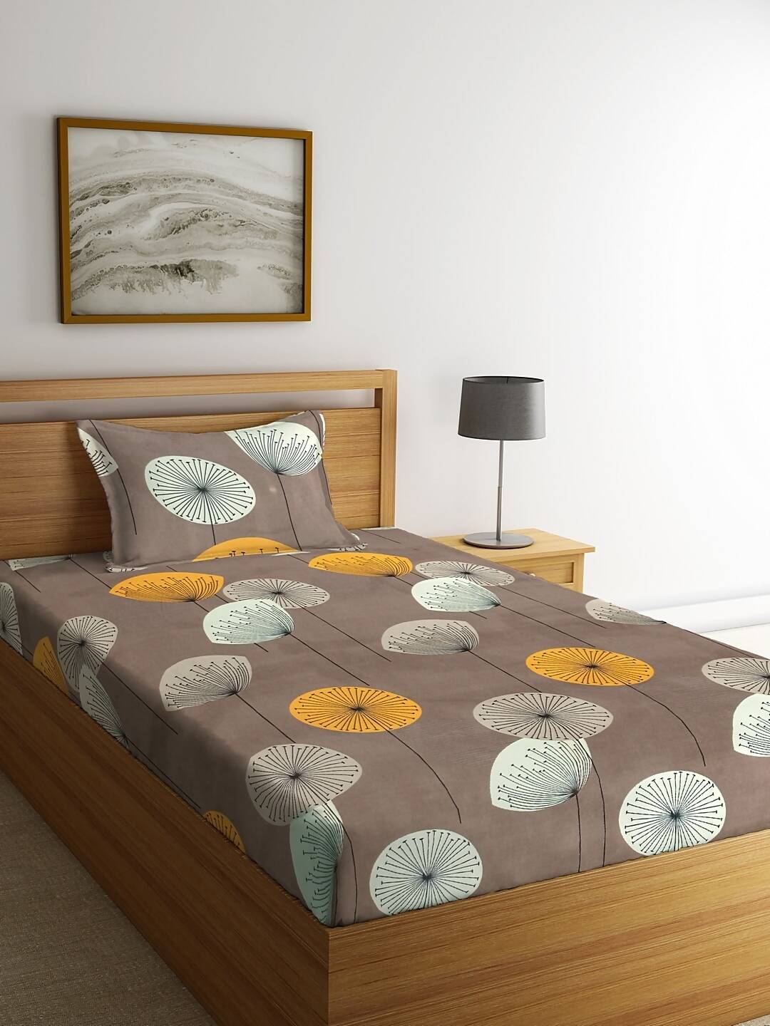 KLOTTHE Brown & Yellow Floral 210 TC Cotton Bedsheet with Pillow Cover 