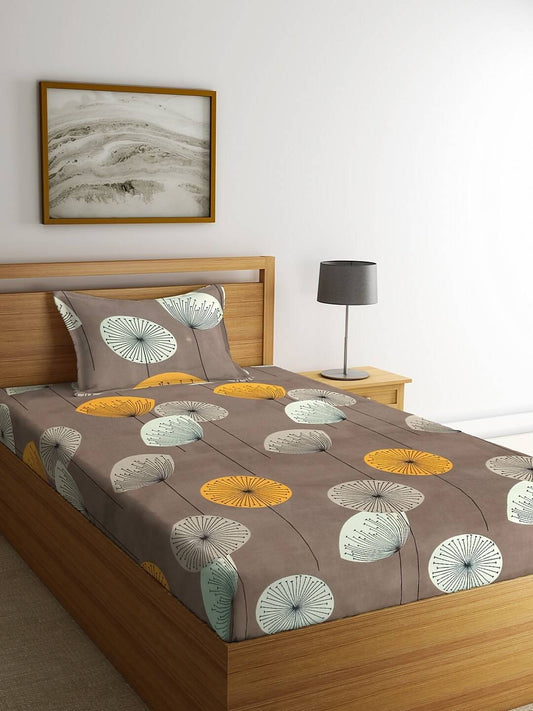 KLOTTHE Brown & Yellow Floral 210 TC Cotton Bedsheet with Pillow Cover 