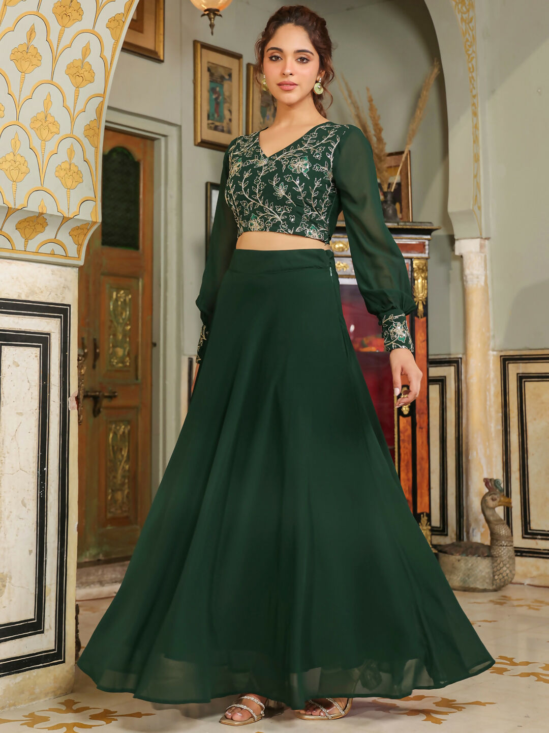 Janasya Dark Green Georgette Embroidered Top & Skirt 