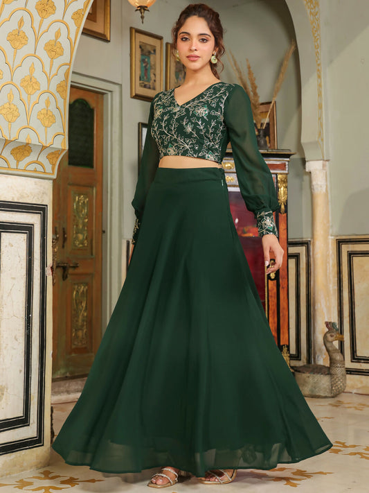 Janasya Dark Green Georgette Embroidered Top & Skirt 