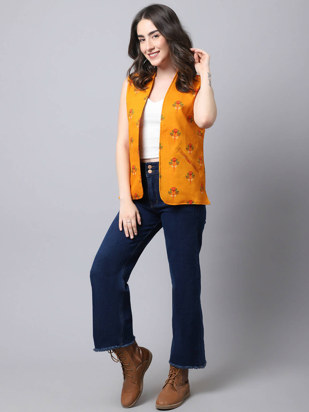 Even Apparels Yellow 100% Viscose Rayon Open Front Gillet (BF009) 