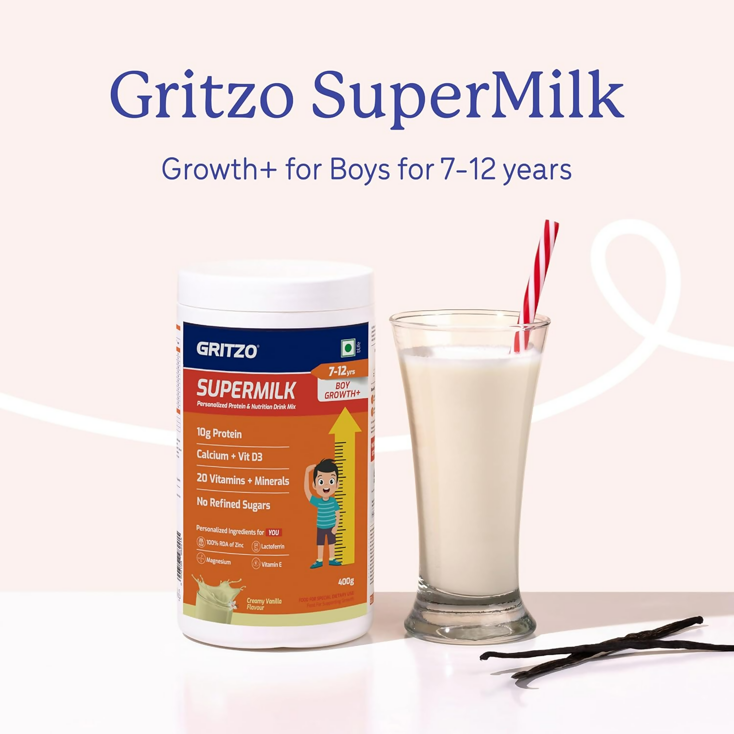 Gritzo SuperMilk Growth+ (Formerly Height+) (7-12y Boys), 10g Protein Powder-Creamy Vanilla