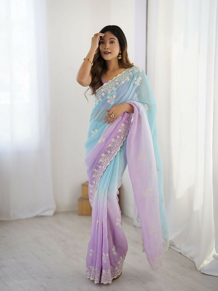 Lavender Crunchy Silk Embroidery Work Party Wear Saree - Lakshita