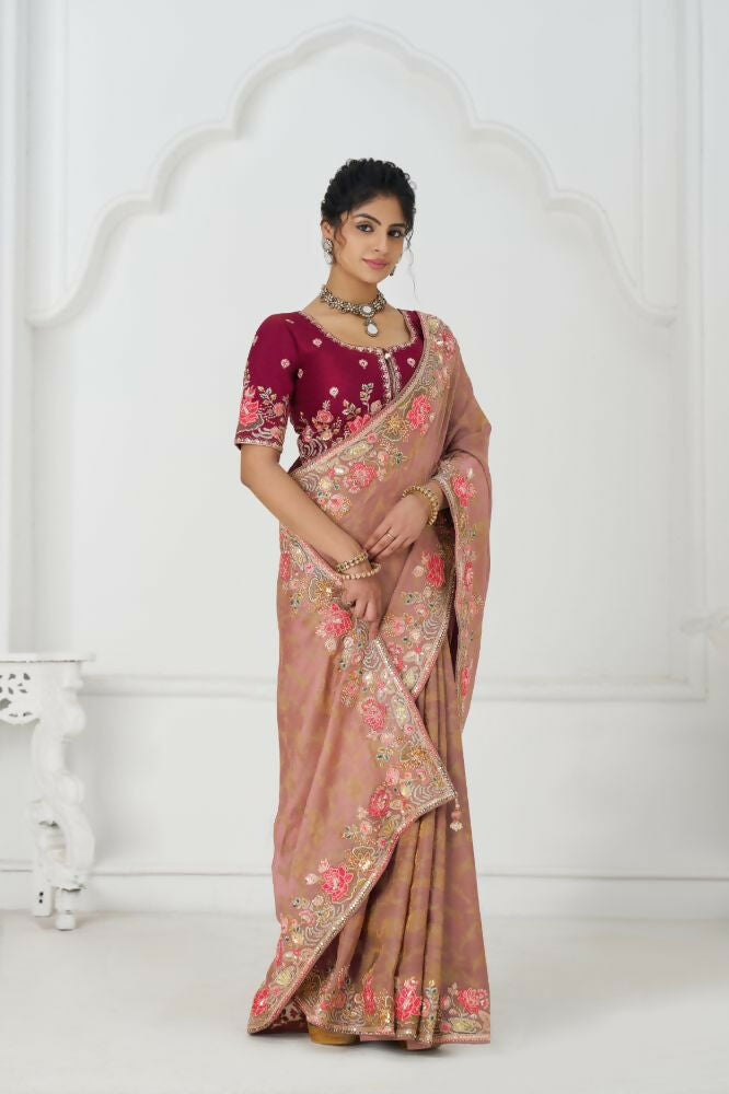 Kesar Fab Pretty Peach: Multicolor Embroidery With Blooming Floral Designs Saree