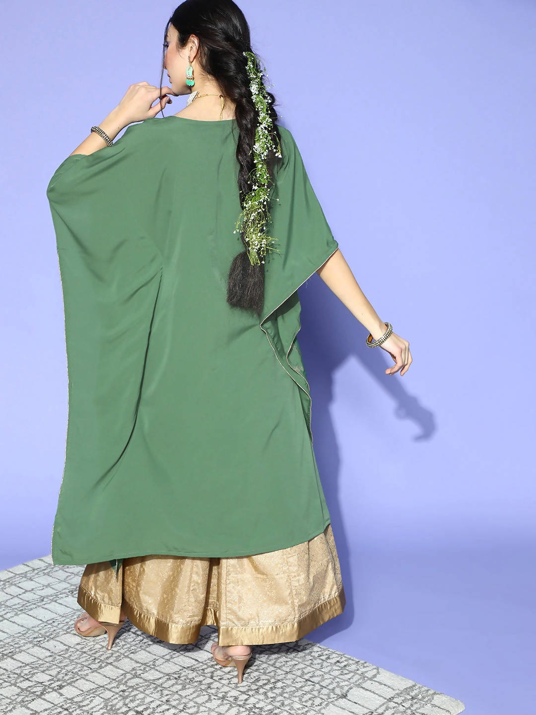 Janasya Women Green Geometric New Age Kaftan Kurta