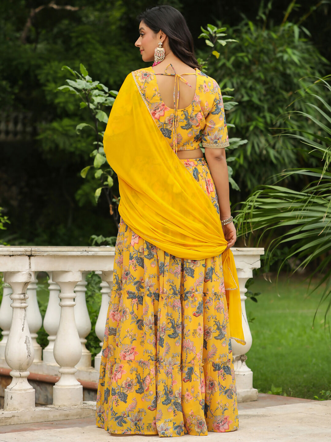 Janasya Yellow Georgette Floral Lehenga Choli Dupatta 