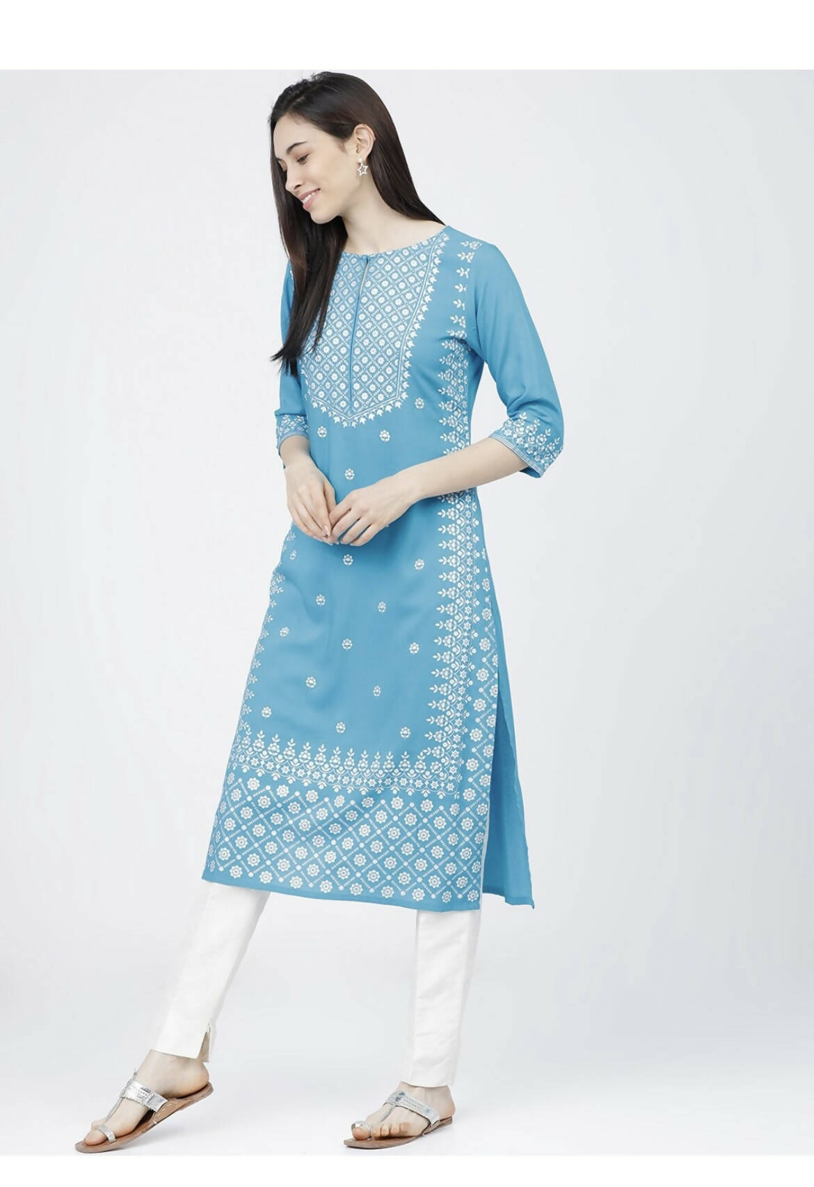 Cheera Embellished Daily Wear Cotton Blend Kurta - Sky Blue - Grab2buy