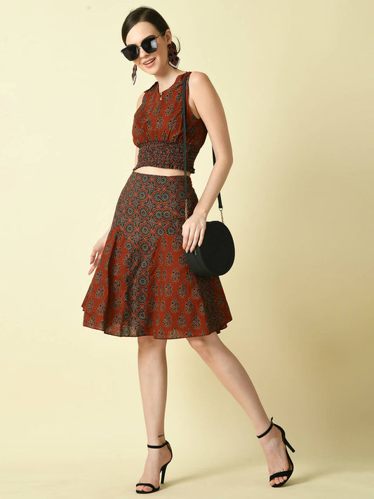 Myshka Women's Rust Pure Cotton Printed Flared Skirt
