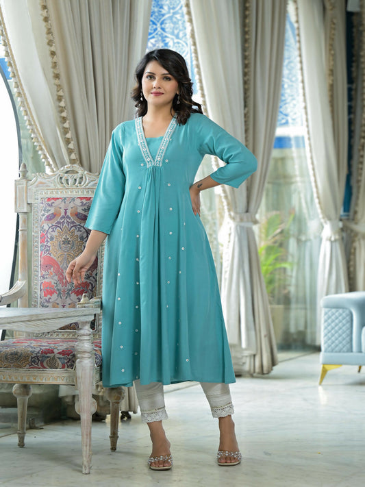 Juniper Women's Sky Blue Thread Embroidered Liva Rayon Kurta With Mirror Work