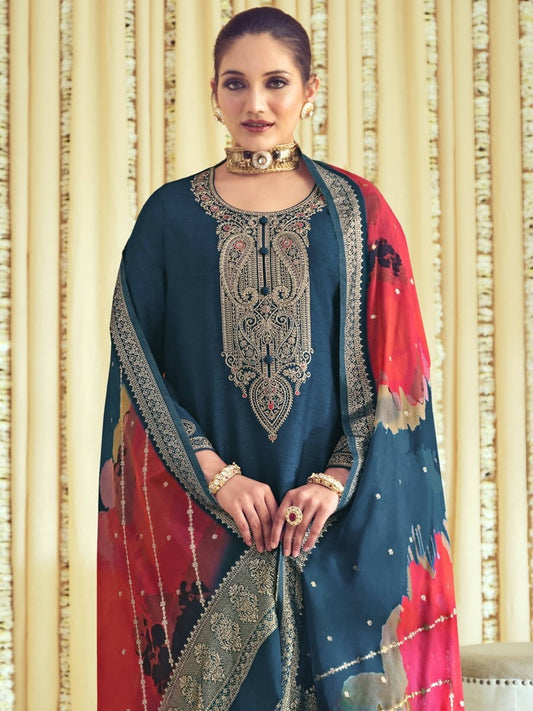 Aastha Fashion Women's Navy Blue Raw Silk Cording with Resham Thread work Kurta with Trouser & Dupatta - Grab2buy