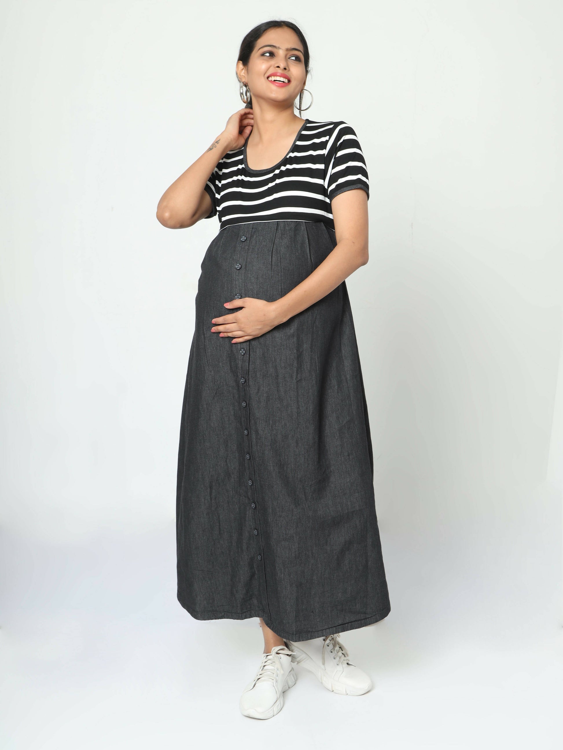 Manet Half Sleeves Maternity Dress White Striped With Concealed Zipper Nursing Access - Black