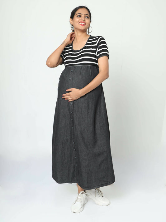 Manet Half Sleeves Maternity Dress White Striped With Concealed Zipper Nursing Access - Black