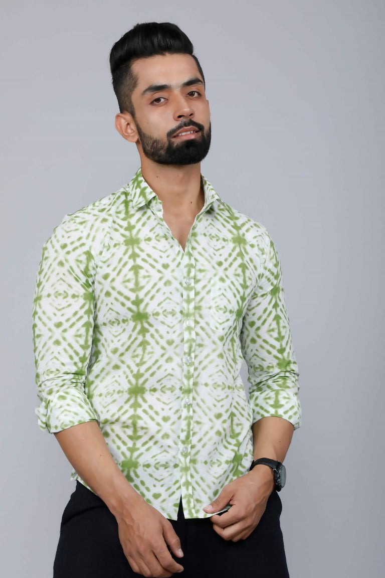 Miravan Men's Premium Green and White Slim Fit Tie Dye Cotton Shirt 