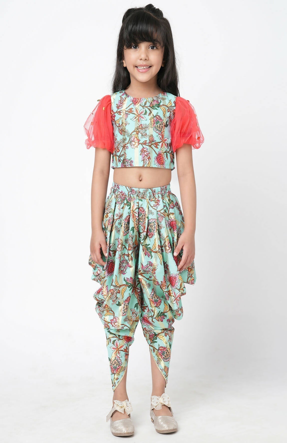 Lil Drama Golden Weaves Blue Crop Top With Dhoti Co-Ordinate Set 