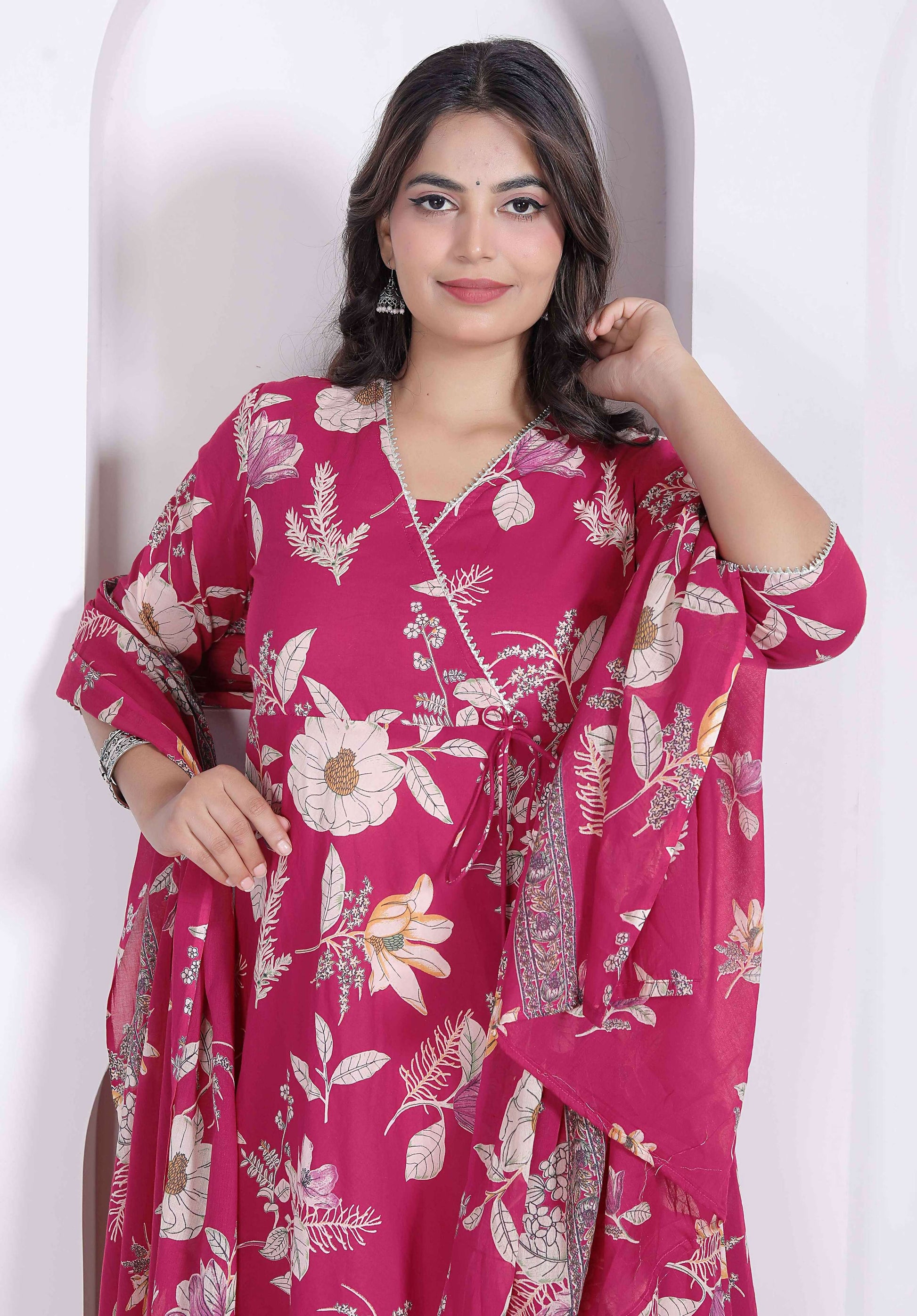 Miravan Womens Pink Floral Printed Angrakha Kurta With Dupatta