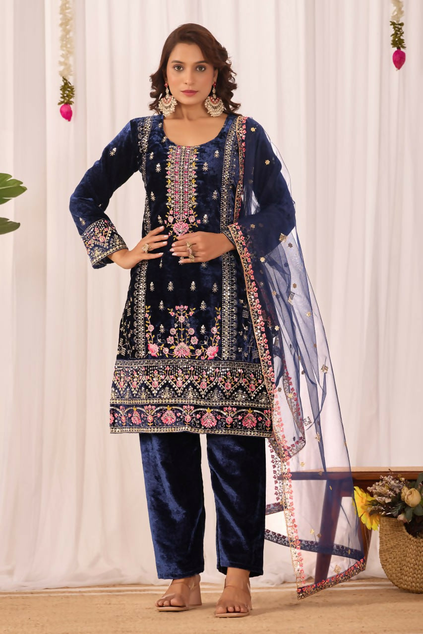 Joban Fashion Blue Velvet Embroidery Sequence Work Readymade Kurta Set