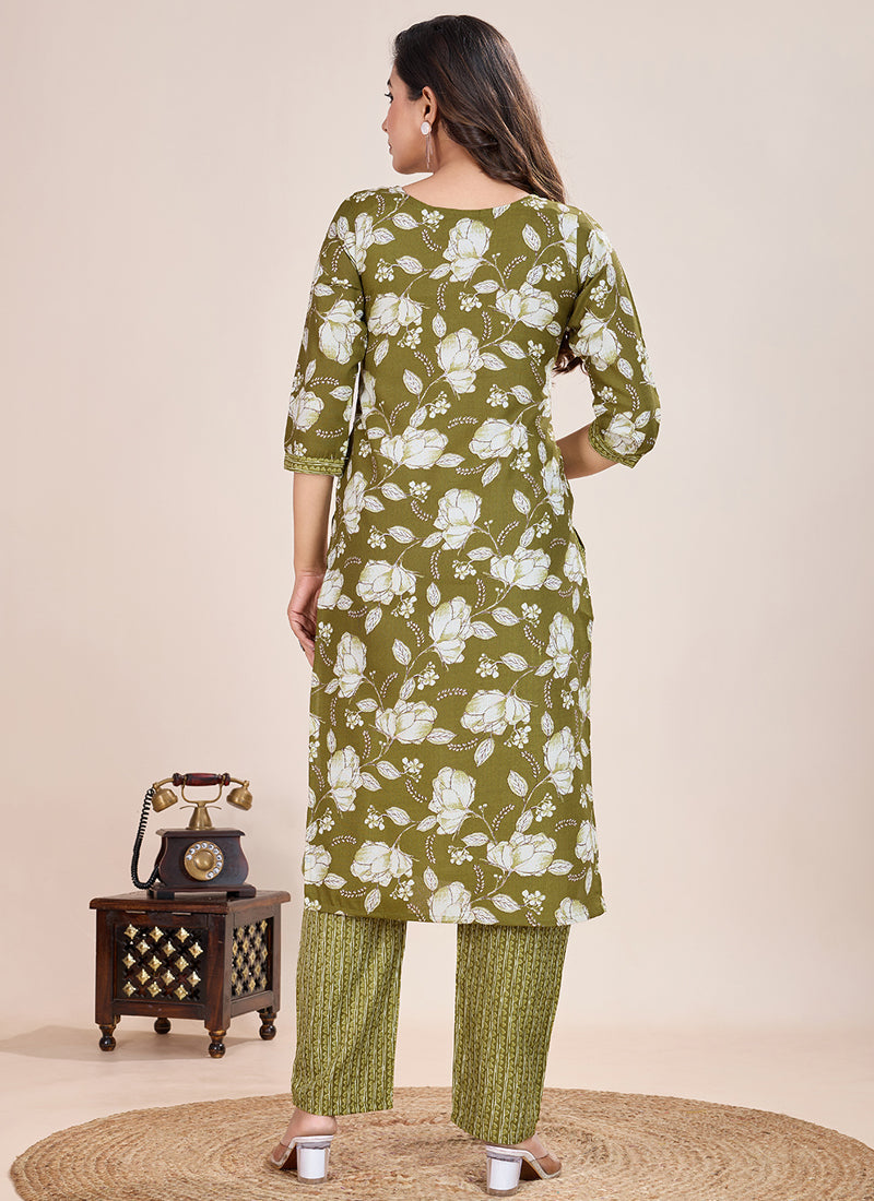 Prazu Fashion Mahendi Printed Cotton Blend Kurta Pant Set