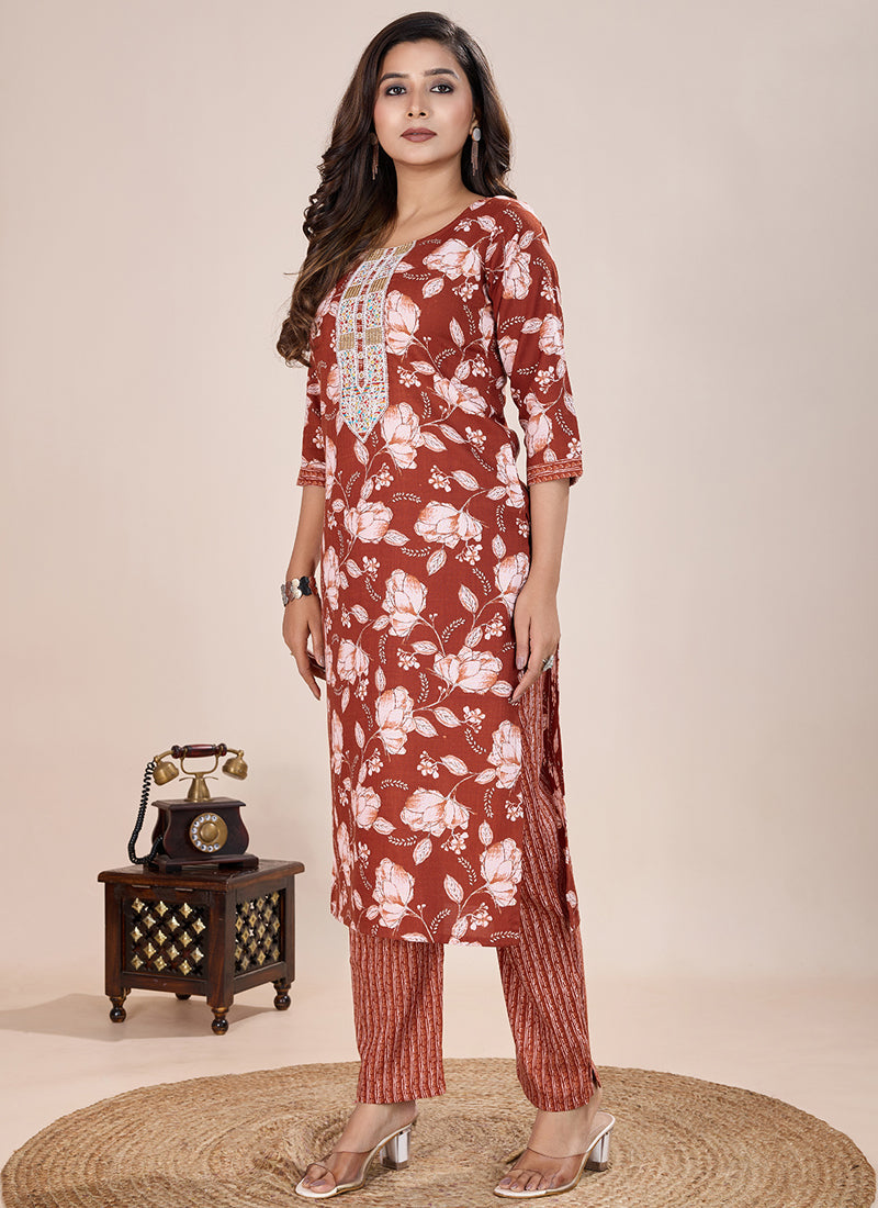Prazu Fashion Orange Printed Cotton Blend Kurta Pant Set