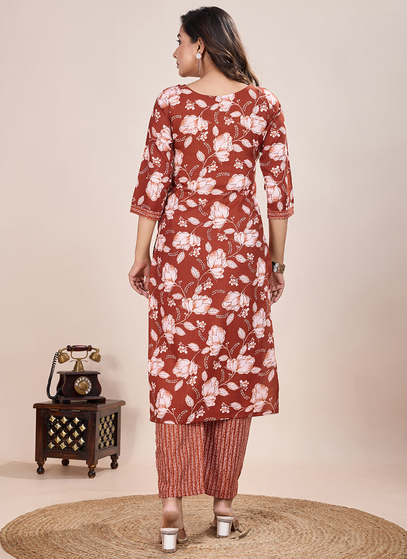 Prazu Fashion Orange Printed Cotton Blend Kurta Pant Set