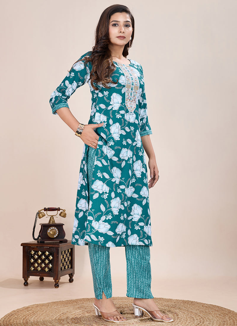 Prazu Fashion Turquoise Printed Cotton Blend Kurta Pant Set