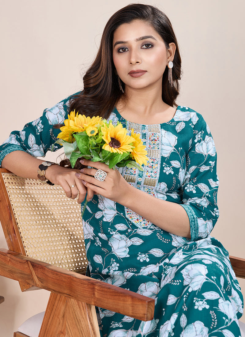 Prazu Fashion Turquoise Printed Cotton Blend Kurta Pant Set